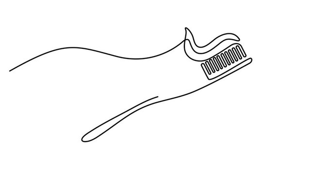Animated self drawing of Continuous single line drawing of a toothbrush with toothpaste on it for daily dental hygiene and health care concept. Full length one line animation. 4K video