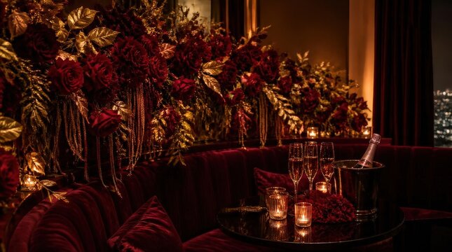 Luxurious Crimson and Gold Floral Decor Sets a Scene for Celebration with Champagne and City Views