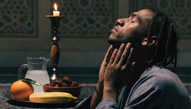 Young Man in Prayer with Traditional Fasting Meal and Candle Light