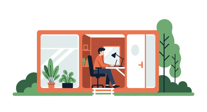 Flat Illustration of a Professional Man Working Remotely in a Modern Backyard Office Pod or Tiny Garden Studio Surrounded by Nature