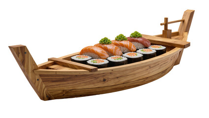 Wooden boat serving tray with salmon nigiri and maki rolls © Fried