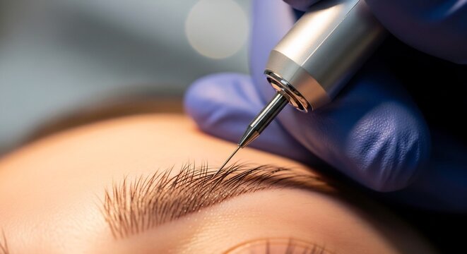 Closeup of eyebrow enhancement during beauty procedure