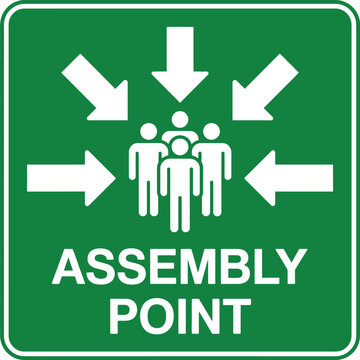 Assembly point sign, emergency meeting point symbol with white arrows and human figures for workplace and public safety.