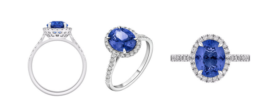 White gold ring with blue topaz and diamonds isolated PNG on transparent background, elegant gemstone jewelry for luxury fashion and engagement concepts