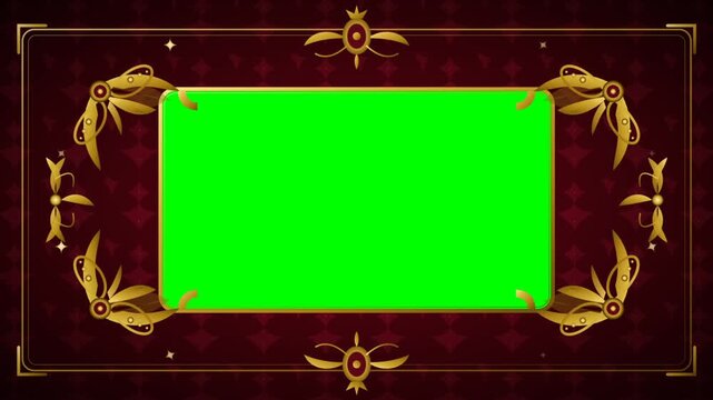 Luxury Gold Ornate Frame with Green Screen on Red Background