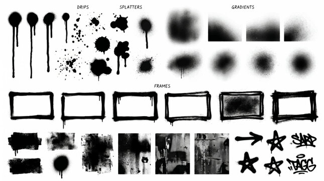 Mega collection set of black spray paint graffiti elements featuring ink drips splatters realistic airbrush gradients texture frames and street art tags,