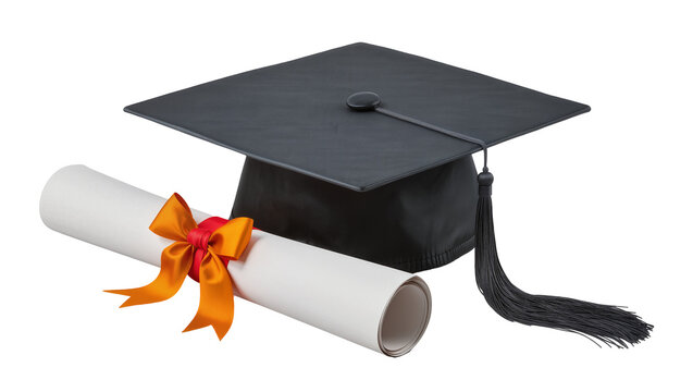 Black graduation cap with tassel and diploma scroll tied with orange and red ribbon