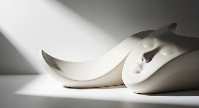 Sculpted head resting on a surface with light and shadow