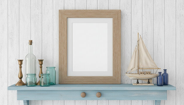 Blank picture frame on blue wooden shelf with marine style objects.