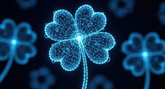 Glowing digital clover leaves with a tech wireframe network pattern illustration