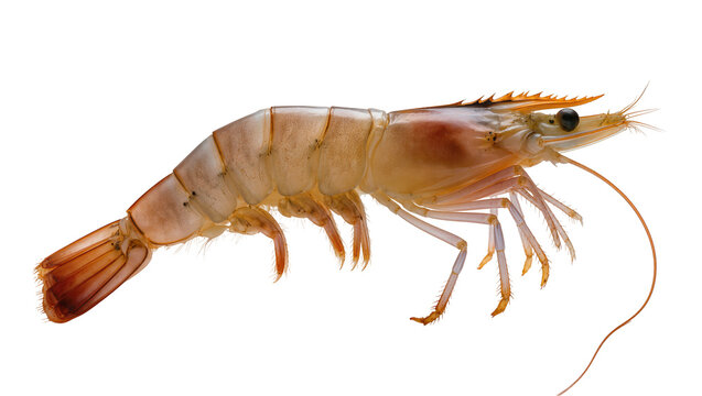 Raw pink shrimp with segmented body and legs