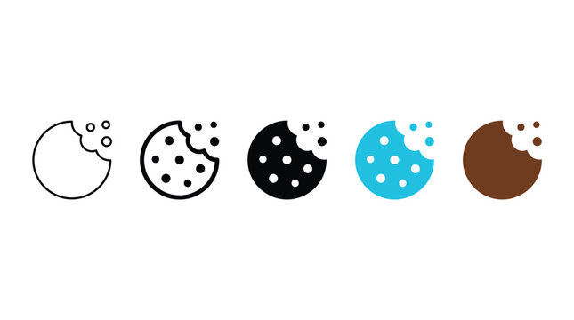 Five distinct cookie vector illustration icons featuring varied line art and solid flat color styles