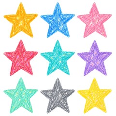 Obraz premium Colorful star icons, hand-drawn stars, crayon stars, 9 star shapes