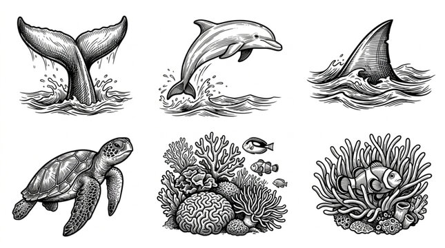 Collection of Marine Life Illustrations in Sketch Style.