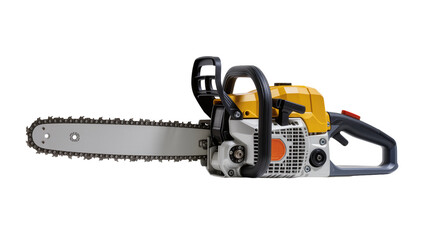 Naklejka premium Yellow and gray gasoline chainsaw with metal bar and chain