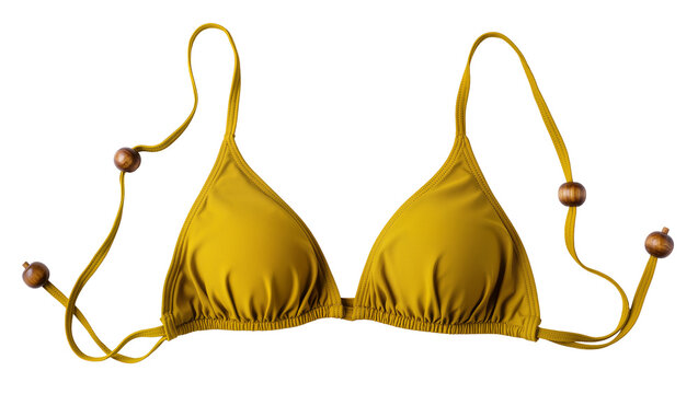 Mustard yellow triangle bikini top with wooden beads