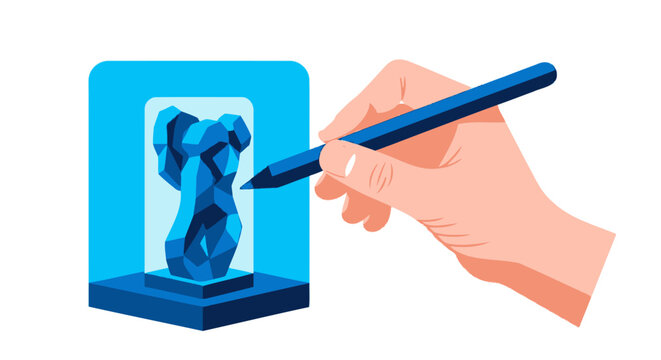 Hand with Stylus Modeling a 3D Low Poly Sculpture in Digital Software Interface - Creative Design Concept