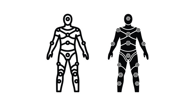 Human body with motion capture markers icon set, vector illustration of human figure for motion tracking technology