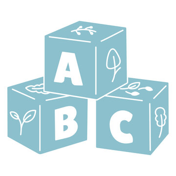 Set of blue blocks with the letters abc and a leaf