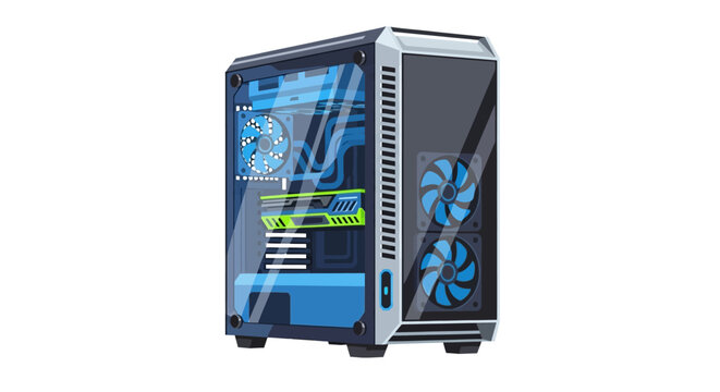 Modern Gaming PC Desktop Tower Vector Illustration with Transparent Side Panel and LED Lighting Isolated on White