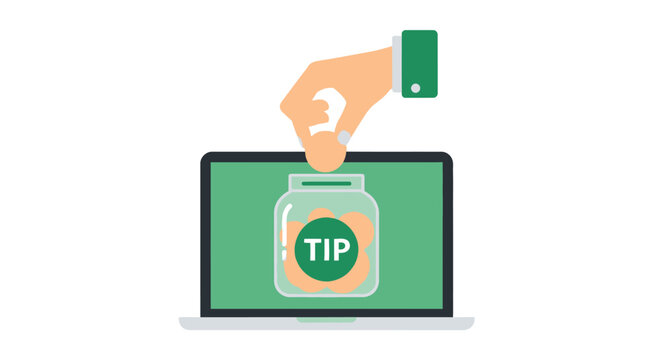 Digital Tip Jar Concept Illustration with Hand Inserting Gold Coin into Laptop Screen for Online Donations, Creator Support, and Virtual Gratuity