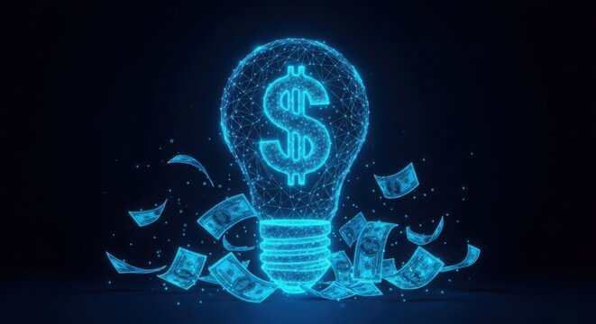 Digital light bulb icon with dollar sign and floating money bills illustration