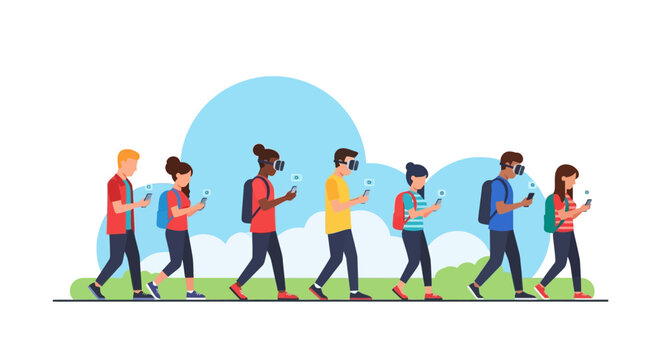 Diverse Young People Walking with Smartphones and VR Headsets Illustration - Concept of Digital Addiction and Technology Obsession