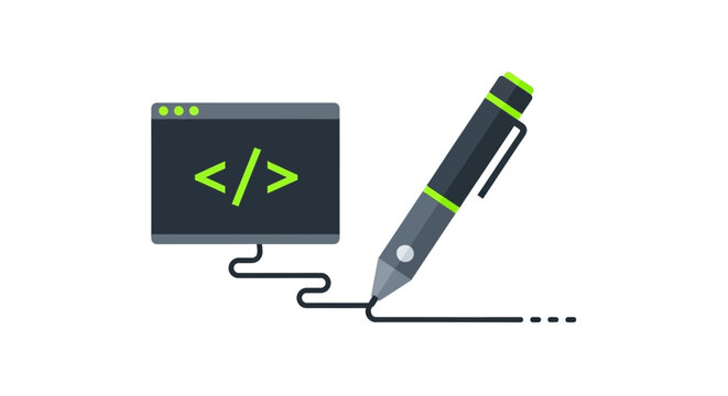 Flat Illustration of Digital Pen Drawing and Code Window Representing Creative Coding and Web Development Concept