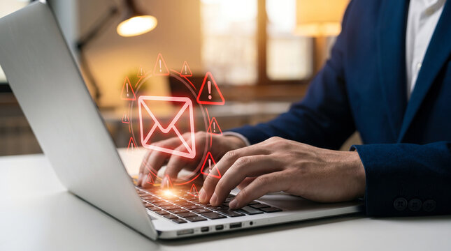 Professional Businessman Typing on Laptop Facing Dangerous Phishing Email Attacks and Cyber Security Threats in Modern Office