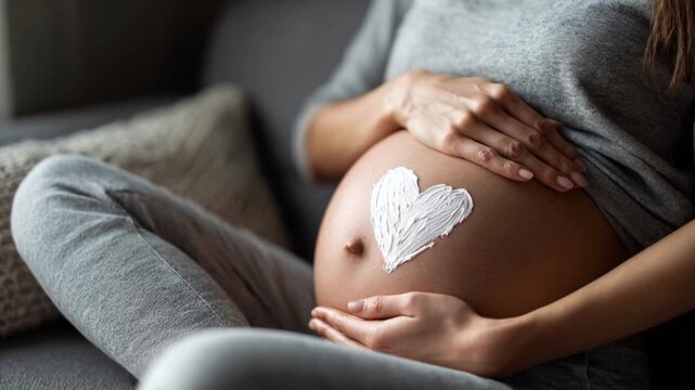 Pregnant Woman Caressing Belly with Heart Shape Cream On