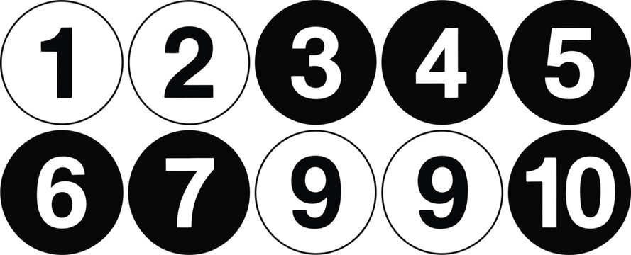 Number icons set, bullet point style 1 to 10 numeric symbols in flat line design for web and mobile UI.