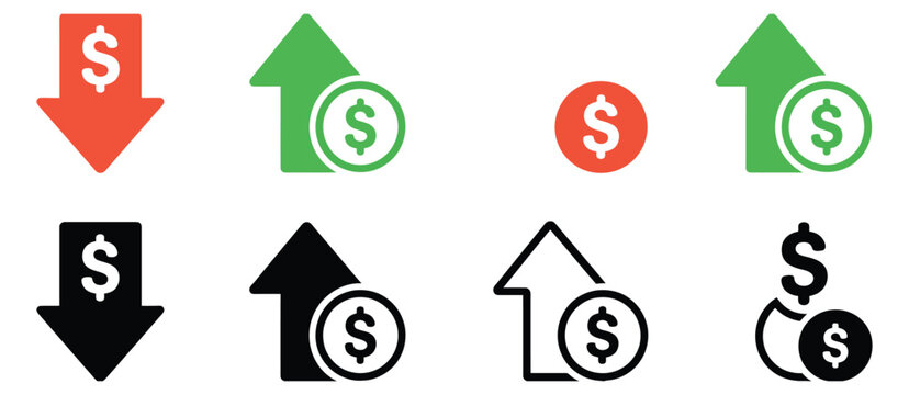 profit loss finance icons vector, cost increase and decrease symbols with rising and falling dollar signs, investment growth indicators, business analytics dashboard elements, financial performance ra