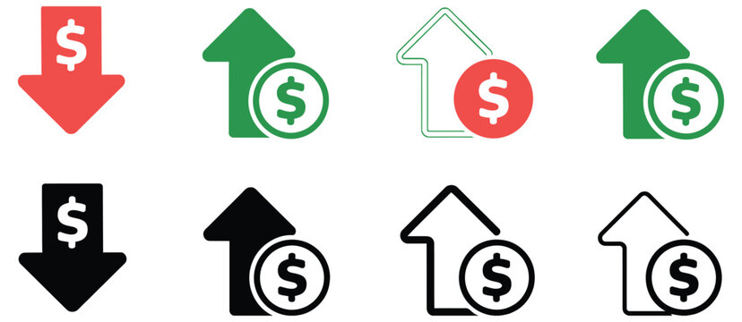 profit loss finance icons vector, cost increase and decrease symbols with rising and falling dollar signs, investment growth indicators, business analytics dashboard elements, financial performance ra