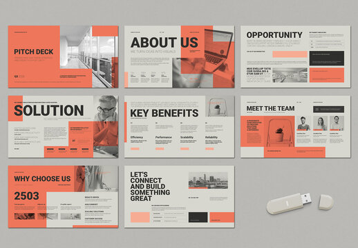 Pitch Deck Layout with Geometic Design in Light Grey and Salmon Orange