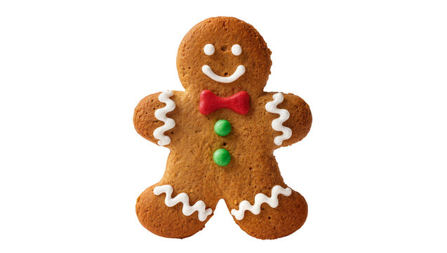 Gingerbread man cookie with white icing red bow tie, and green candy buttons