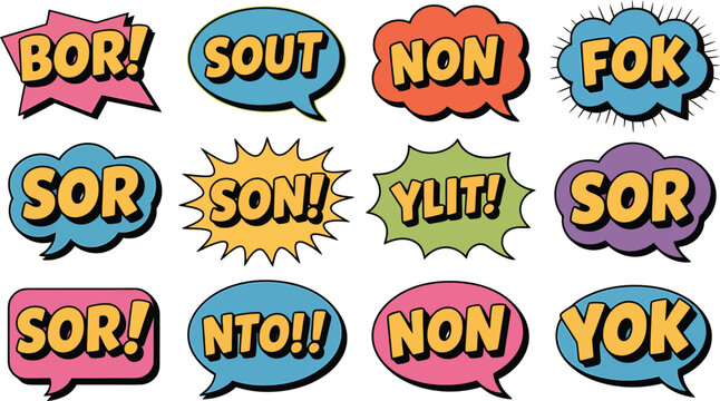 Comic book style speech bubble collection with short funny text isolated on transparent background vector set for creative messaging design and cartoon comic art elements.