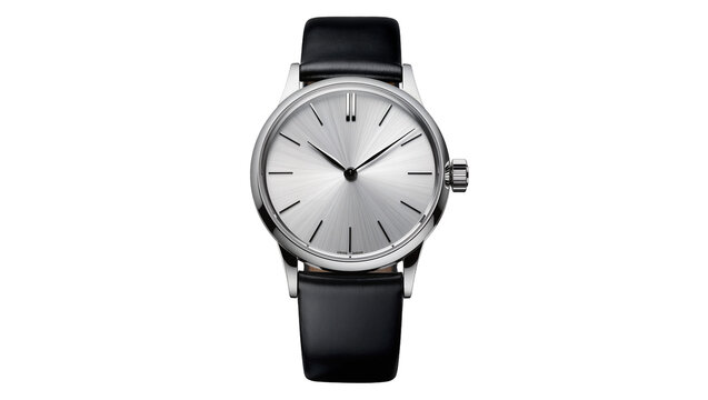 Minimalist silver dial watch with black leather strap