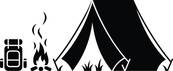 Outdoor Camping Adventure Silhouette Set, Tent and Bonfire Vector Icons, vector, illustration, silhouette. © naeem