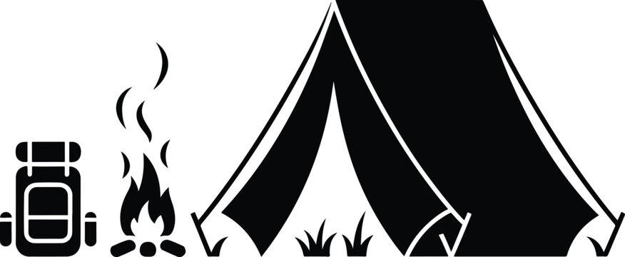 Outdoor Camping Adventure Silhouette Set, Tent and Bonfire Vector Icons, vector, illustration, silhouette.