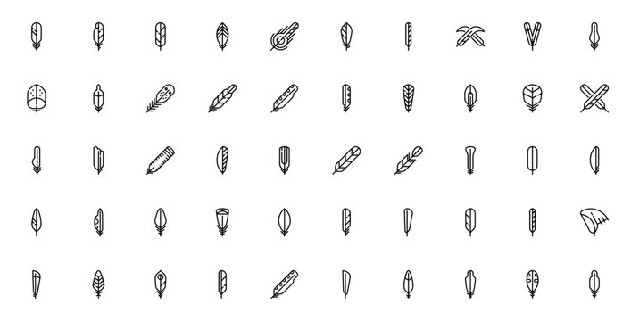 Feathers icon set. Vector illustration pack. Minimalist line icons. Includes symbols for feather, plume, bird, wing, quill and more. Editable vector stroke.