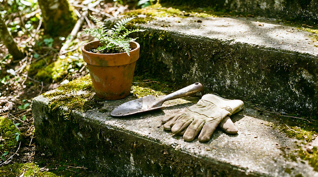 Mossy garden bench with trowel and glove
