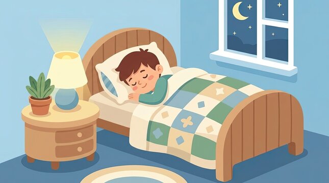 Sleeping boy in bed with nightlight and moon cute vector illustration for good night concepts