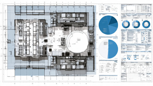 Architectural blueprint of modern building with detailed technical plans and circular layout rendering in shades of blue