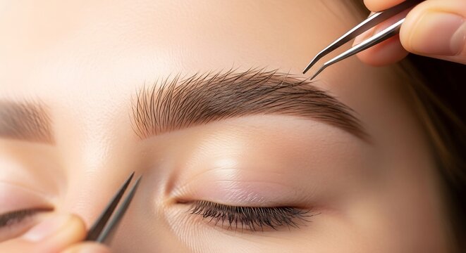 Close-up of eyebrow tweezing during beauty treatment