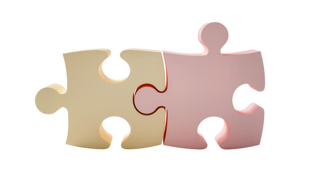 Two interlocking puzzle pieces one beige, one pink