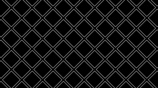Geometric diamond grid lines motion background loop featuring abstract white tilted square pattern moving upwards on a black background