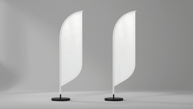 Two blank white feather flags mockup for outdoor event branding display with advertising marketing promotion branding template corporate exhibition business presentation isolated backdrop