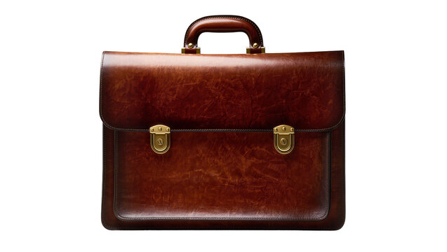 Brown leather briefcase with brass clasps and handle