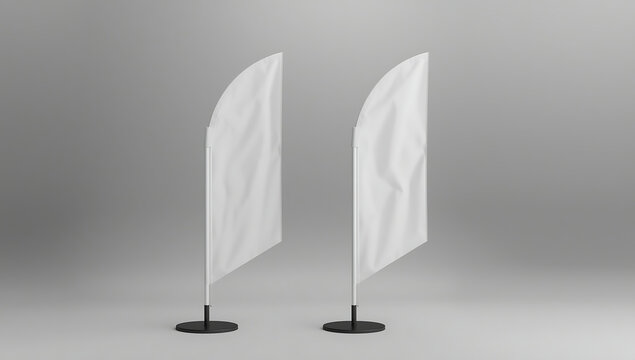 Two blank white feather flags for outdoor advertising display mockup with advertising marketing promotion branding template corporate exhibition business presentation isolated backdrop