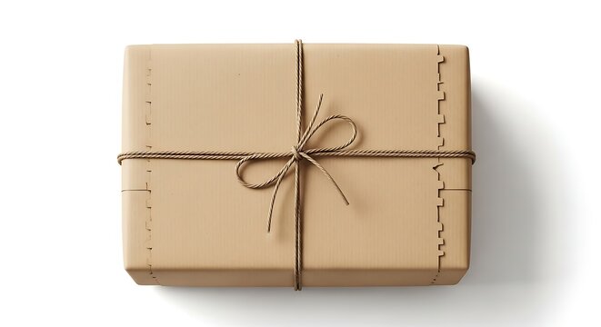 Kraft paper package tied with twine top view isolated on white background